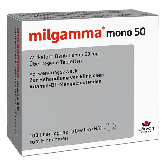 Das Produktfoto zeigt Milgamma Mono 50 Überzogene Tabletten (100 stk) PZN 01221915