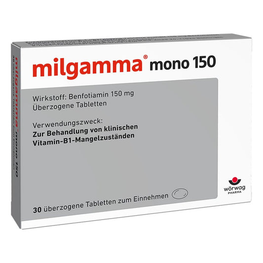 Das Produktfoto zeigt Milgamma Mono 150 Überzogene Tabletten (30 stk) PZN 01221921