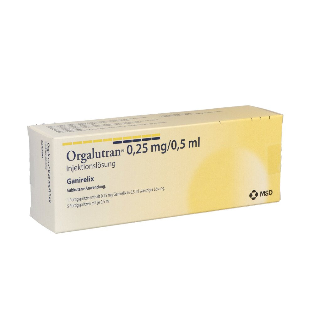 Das Produktfoto zeigt Orgalutran 0,25 Mg/0,5 Ml Inj.-Lsg.I.E.Fertigspr. (1X5 stk) PZN 01228857
