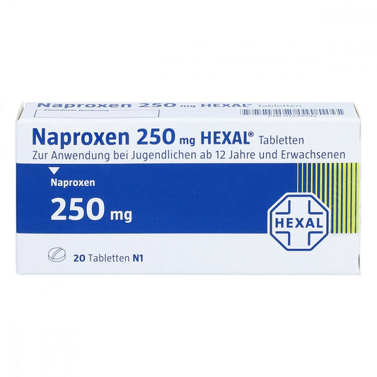 Das Produktfoto zeigt Naproxen 250 Hexal Tabletten (20 stk) PZN 01239542