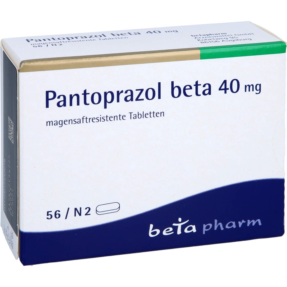 Das Produktfoto zeigt Pantoprazol Beta 40 Mg Magensaftres.Tabletten (56 stk) PZN 01244201