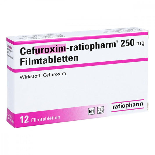 Das Produktfoto zeigt Cefuroxim-Ratiopharm 250 Mg Filmtabletten (12 stk) PZN 01266993