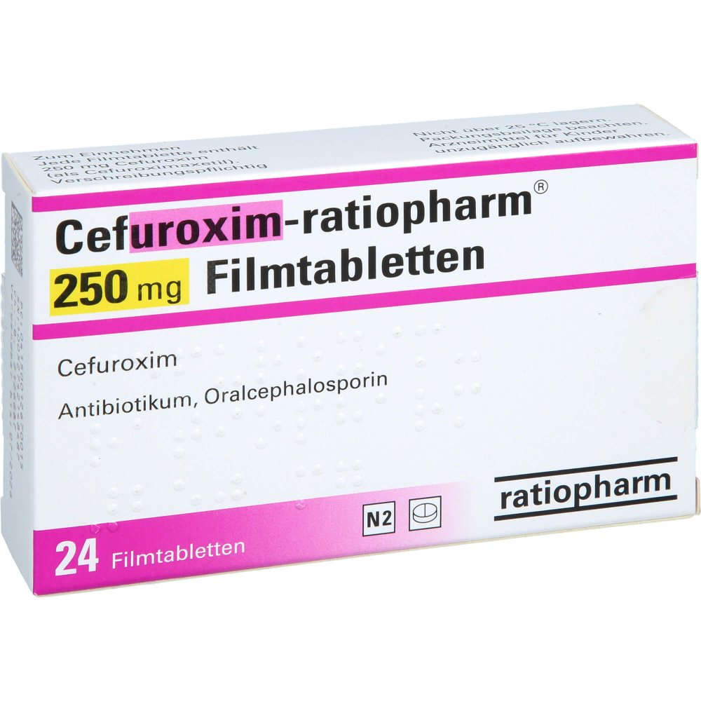 Das Produktfoto zeigt Cefuroxim-Ratiopharm 250 Mg Filmtabletten (24 stk) PZN 01267001