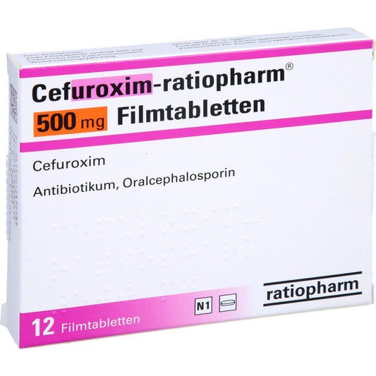 Das Produktfoto zeigt Cefuroxim-Ratiopharm 500 Mg Filmtabletten (12 stk) PZN 01267018