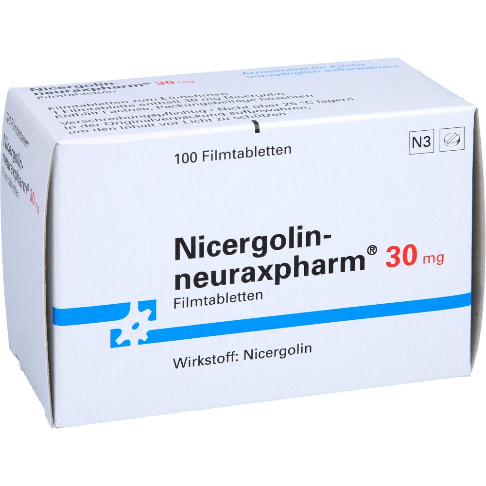 Das Produktfoto zeigt Nicergolin-Neuraxpharm 30 Mg Filmtabletten (100 stk) PZN 01267188