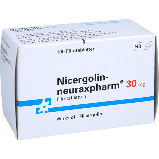 Das Produktfoto zeigt Nicergolin-Neuraxpharm 30 Mg Filmtabletten (100 stk) PZN 01267188