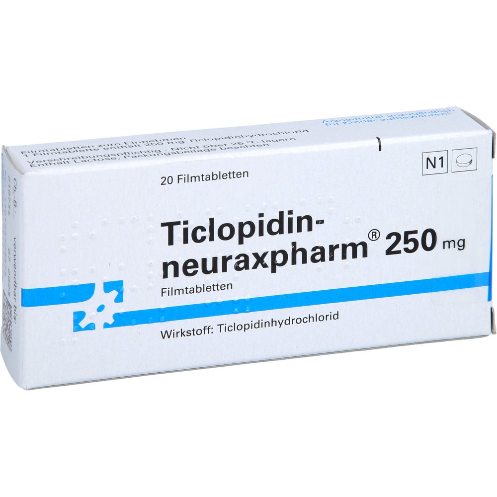 Das Produktfoto zeigt Ticlopidin-Neuraxpharm 250 Mg Filmtabletten (20 stk) PZN 01267283