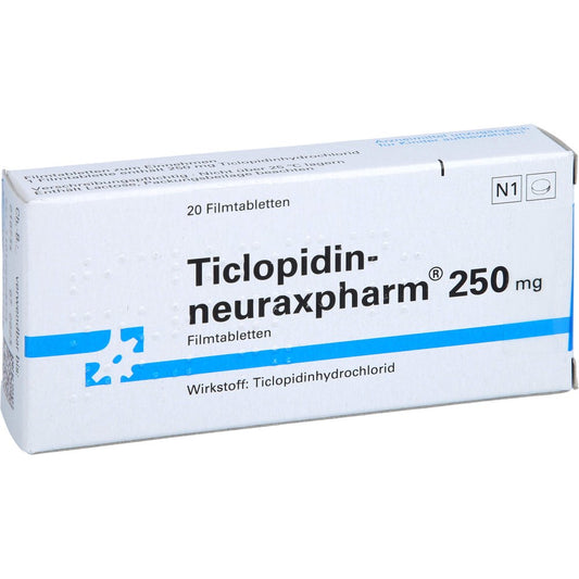 Das Produktfoto zeigt Ticlopidin-Neuraxpharm 250 Mg Filmtabletten (20 stk) PZN 01267283