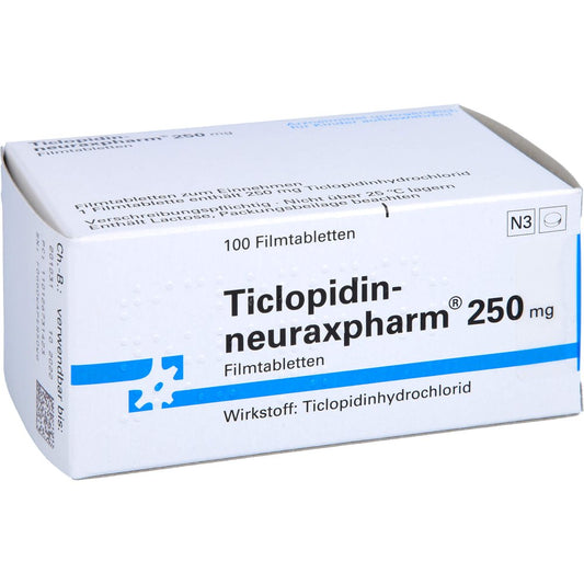 Das Produktfoto zeigt Ticlopidin-Neuraxpharm 250 Mg Filmtabletten (100 stk) PZN 01267314