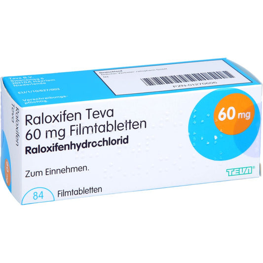 Das Produktfoto zeigt Raloxifen Teva 60 Mg Filmtabletten (84 stk) PZN 01270606
