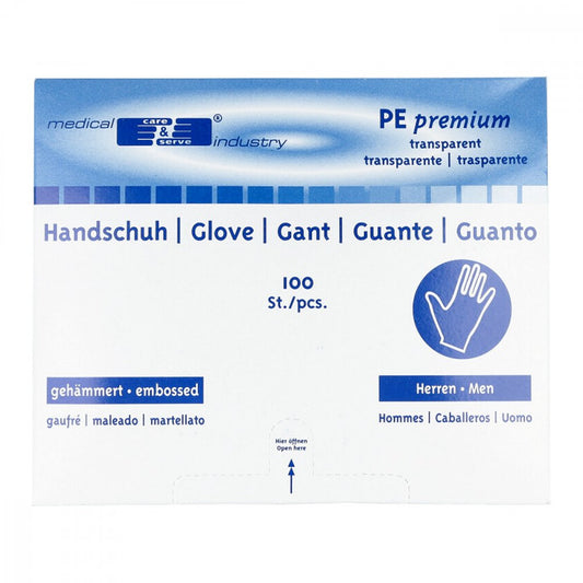Das Produktfoto zeigt Handschuhe Pe Herren Spenderkarton Unst.Gehämm. (100 stk) PZN 01288256