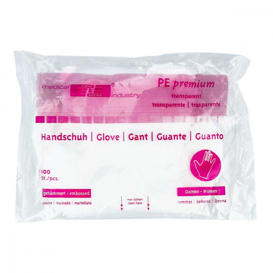 Das Produktfoto zeigt Handschuhe Pe Damen Polybtl.Unst.Gehämm. (100 stk) PZN 01288285