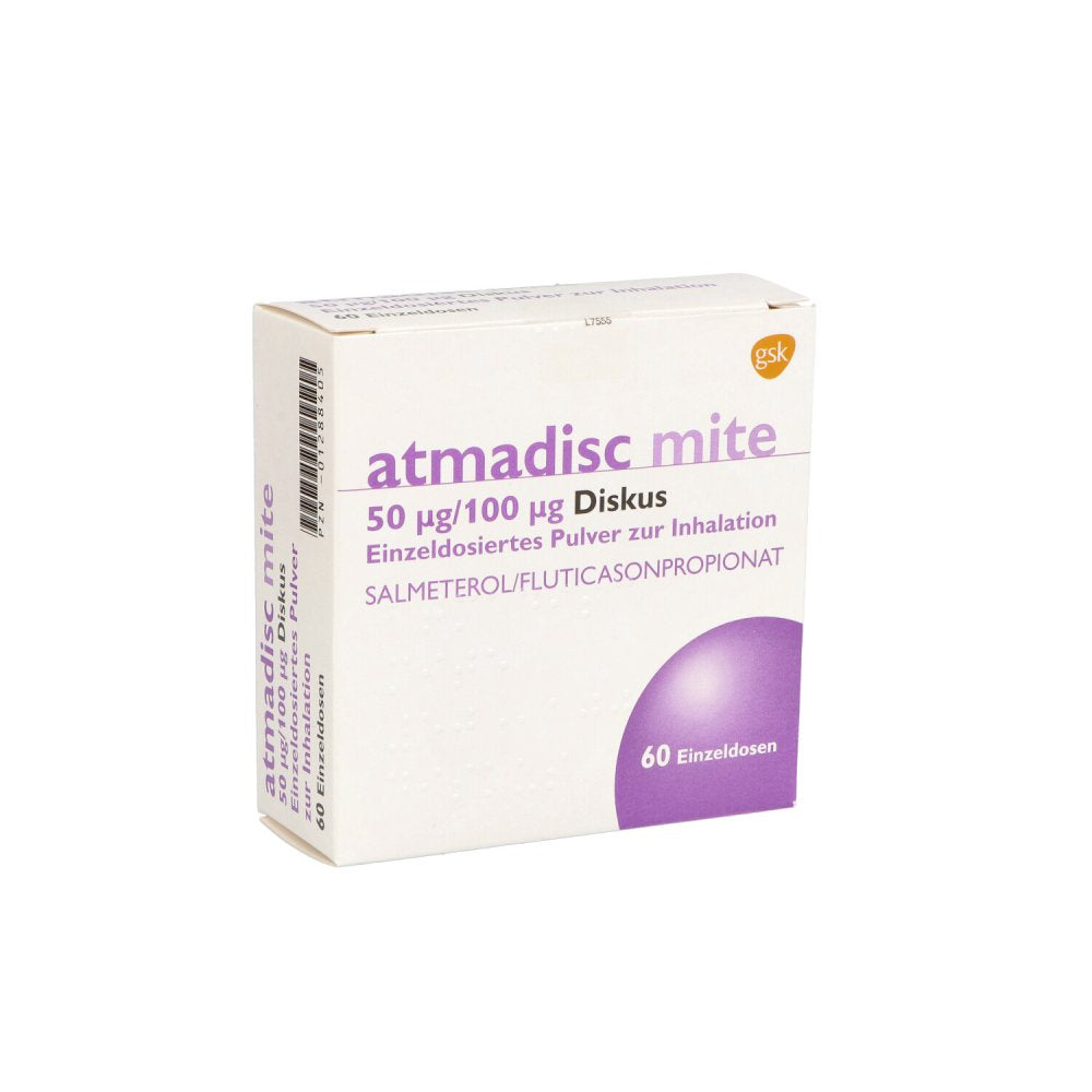 Das Produktfoto zeigt Atmadisc Mite 50 Μg/100 Μg Diskus Einzeld.Inh.-P. (60 stk) PZN 01288405