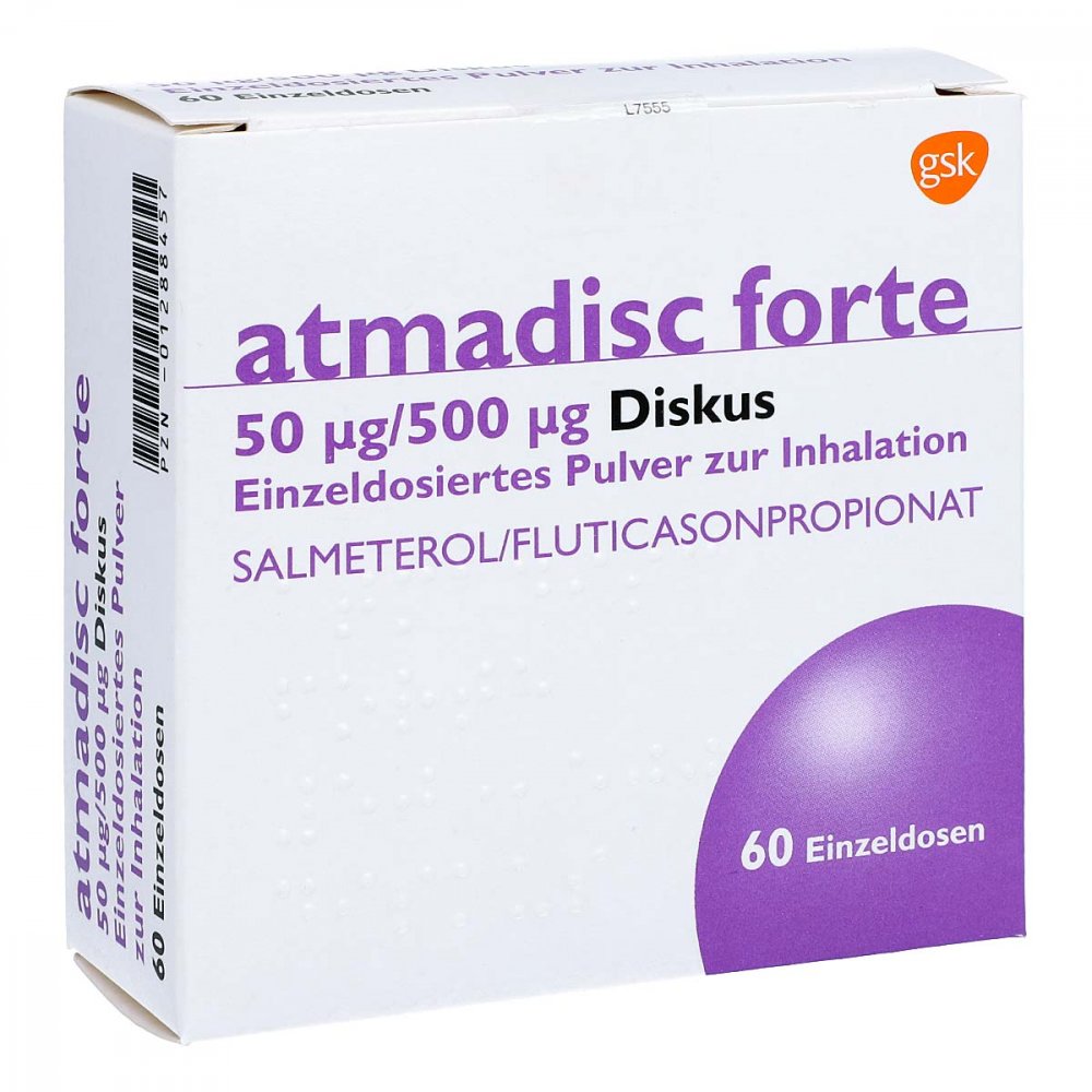 Das Produktfoto zeigt Atmadisc Forte 50 Μg/500 Μg Diskus Einzeld.Inh.-P. (60 stk) PZN 01288457