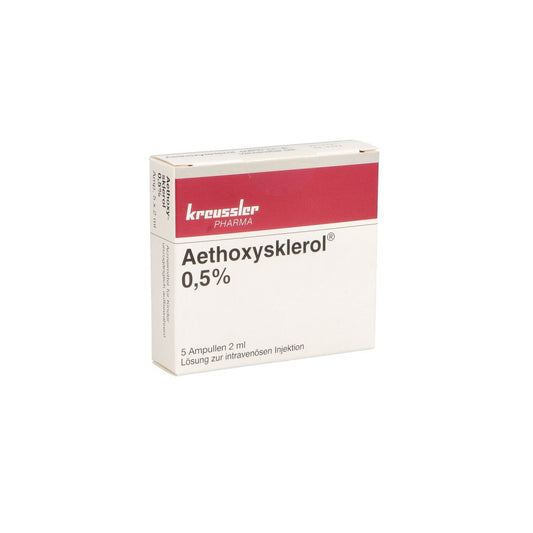 Das Produktfoto zeigt Aethoxysklerol 0,5% Injektionslösung (5X2 ml) PZN 01291910