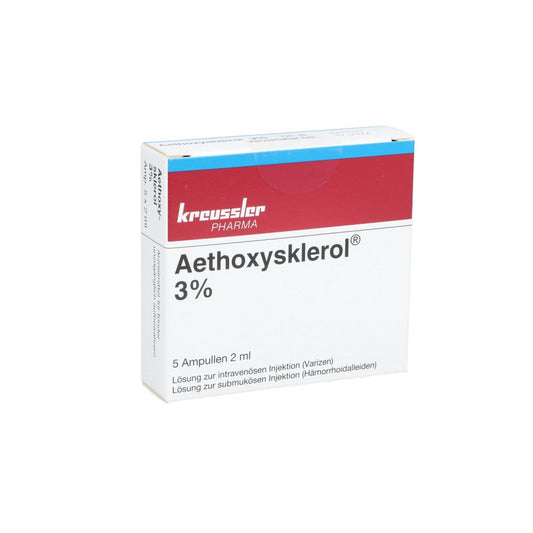 Das Produktfoto zeigt Aethoxysklerol 3% Injektionslösung (5X2 ml) PZN 01291956