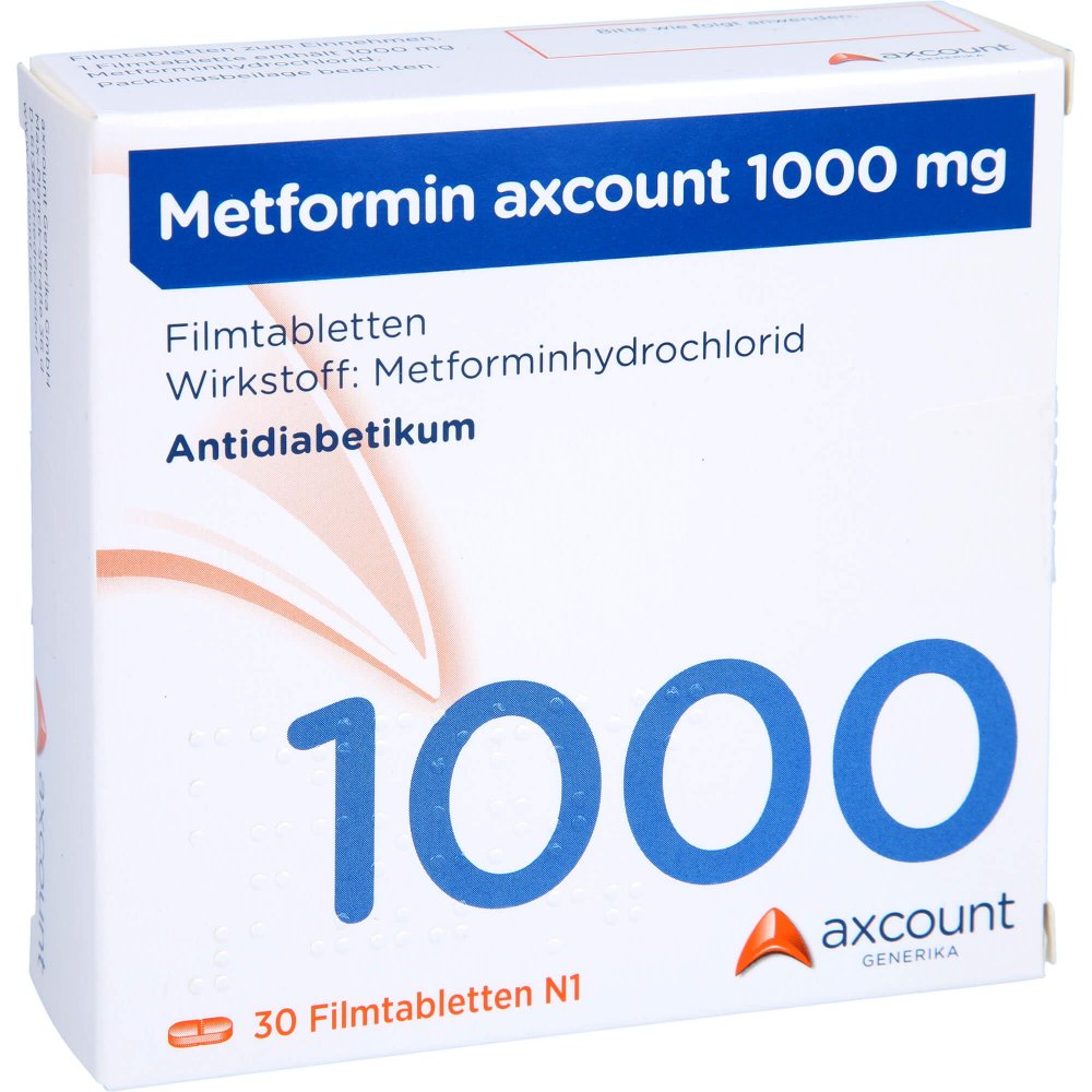 Das Produktfoto zeigt Metformin Axcount 1.000 Mg Filmtabletten (30 stk) PZN 01292654
