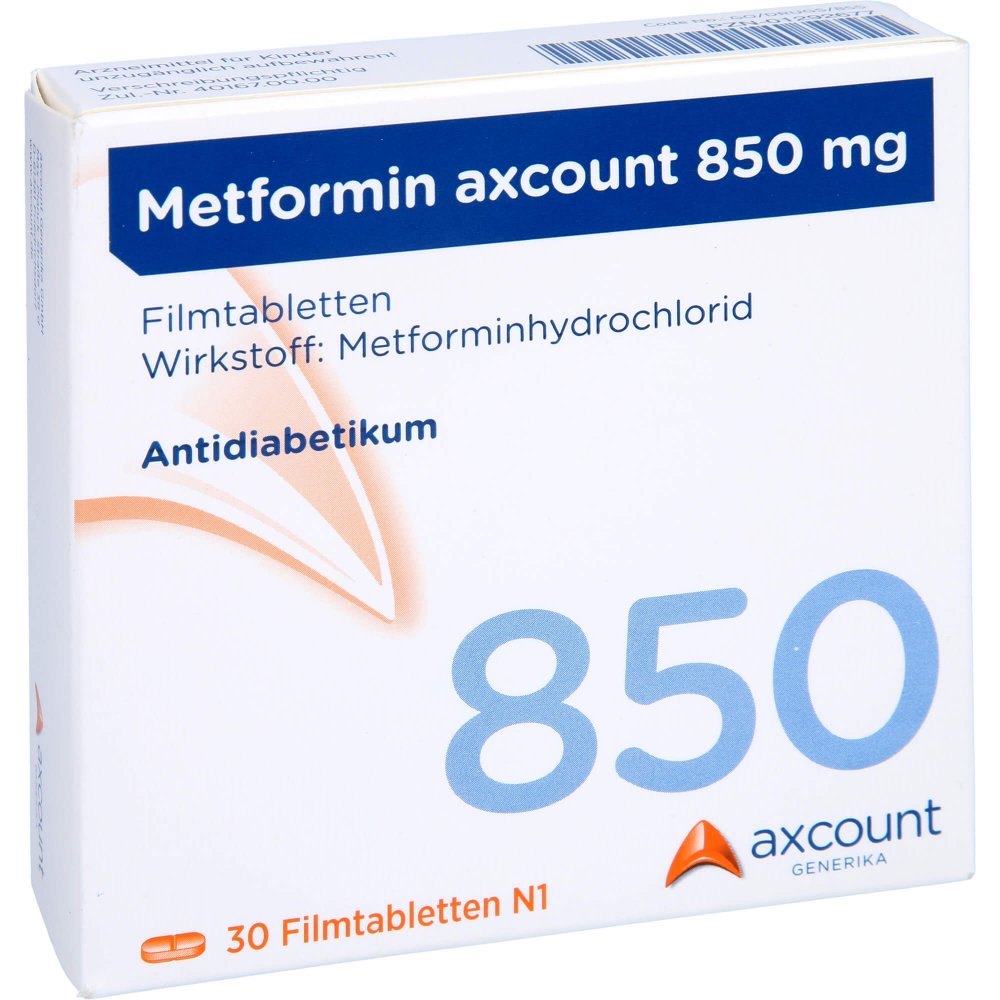 Das Produktfoto zeigt Metformin Axcount 850 Mg Filmtabletten (30 stk) PZN 01292677