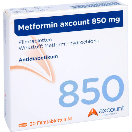 Das Produktfoto zeigt Metformin Axcount 850 Mg Filmtabletten (30 stk) PZN 01292677