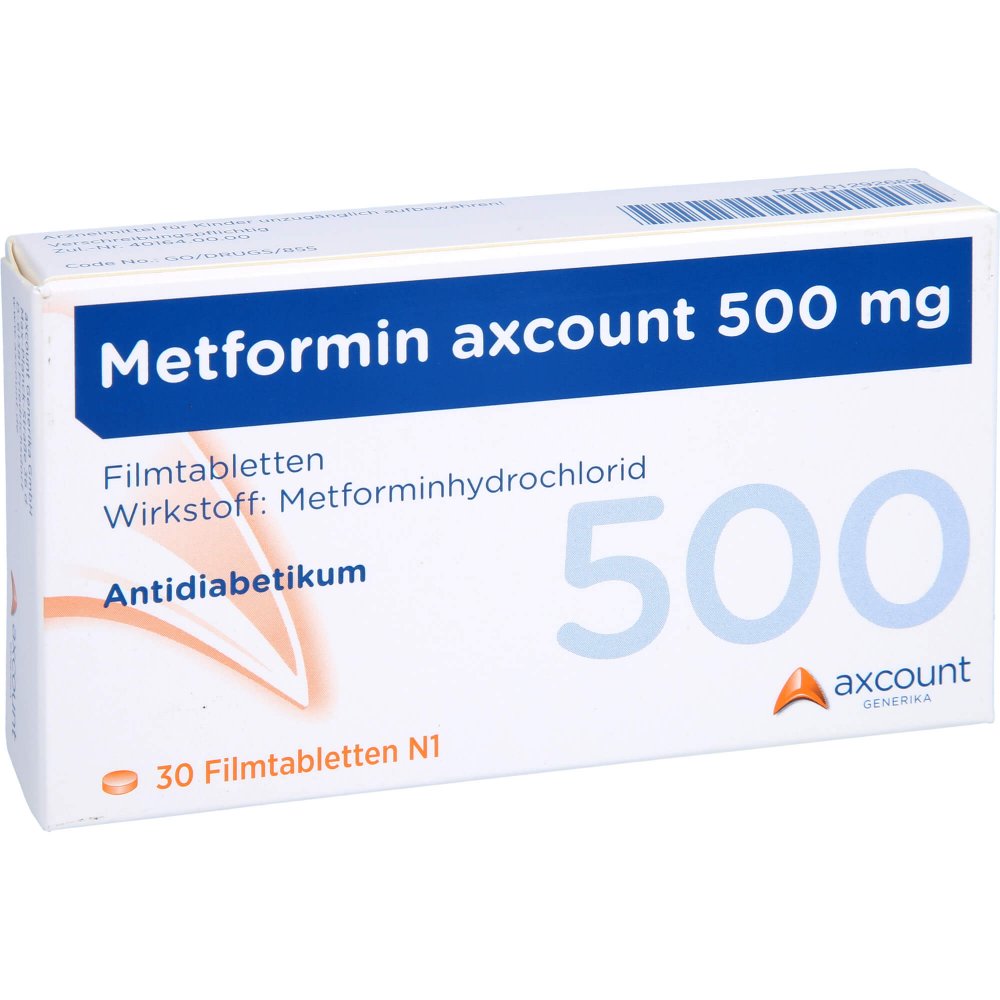 Das Produktfoto zeigt Metformin Axcount 500 Mg Filmtabletten (30 stk) PZN 01292683