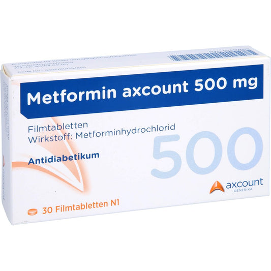 Das Produktfoto zeigt Metformin Axcount 500 Mg Filmtabletten (30 stk) PZN 01292683