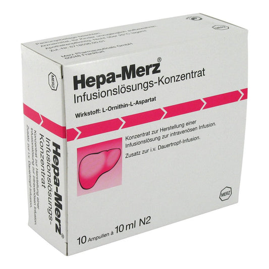 Das Produktfoto zeigt Hepa-Merz Infusionslösungs-Konzentrat Ampullen (10X10 ml) PZN 01308303