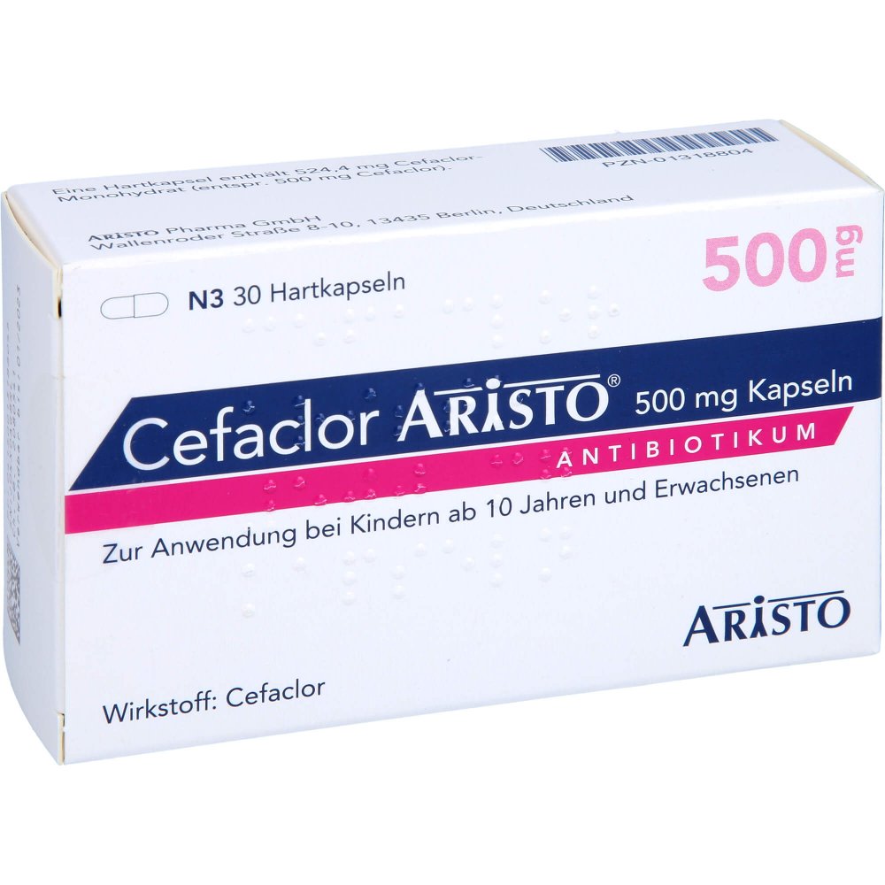 Das Produktfoto zeigt Cefaclor Aristo 500 Mg Hartkapseln (30 stk) PZN 01318804