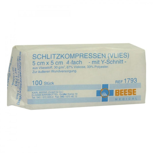 Das Produktfoto zeigt Schlitzkompressen Vlies 5x5 Cm Unsteril 4fach (100 stk) PZN 01330768