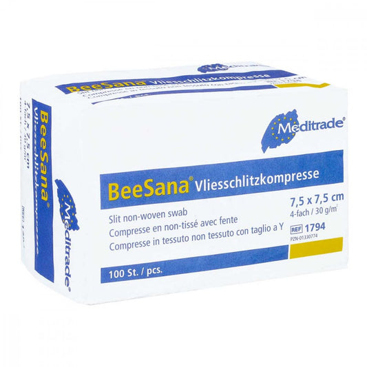 Das Produktfoto zeigt Schlitzkompressen Vlies 7,5x7,5 Cm Unsteril 4fach (100 stk) PZN 01330774