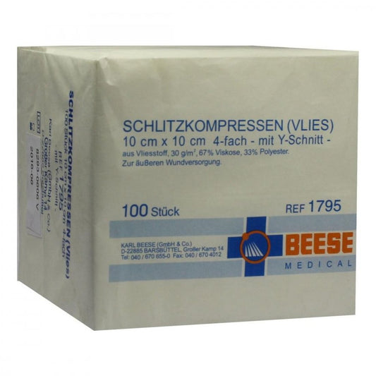 Das Produktfoto zeigt Schlitzkompressen Vlies 10x10 Cm Unsteril 4fach (100 stk) PZN 01330780