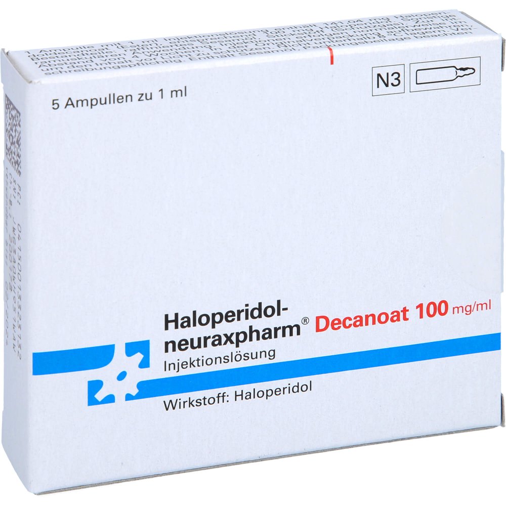 Das Produktfoto zeigt Haloperidol-Neuraxp. Decanoat 100mg/Ml Inj.-Lsg. (5X1 ml) PZN 01332313