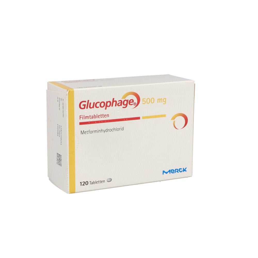 Das Produktfoto zeigt Glucophage 500 Mg Filmtabletten (120 stk) PZN 01332709