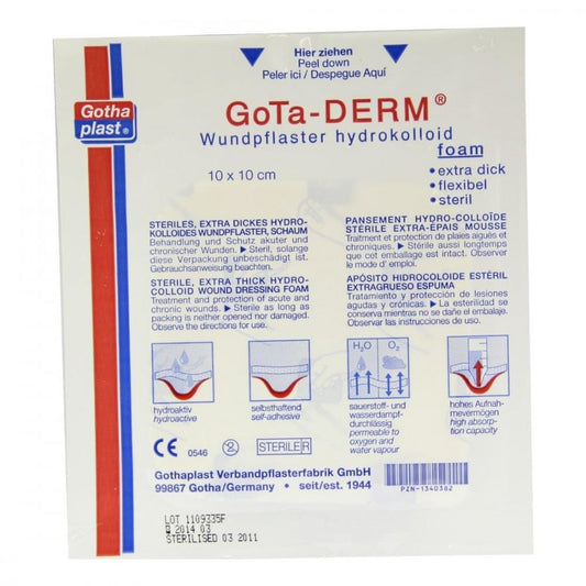 Das Produktfoto zeigt Gota-Derm Foam Hydrokoll.Wundpfl.Steril 10x10 Cm (1 stk) PZN 01340382