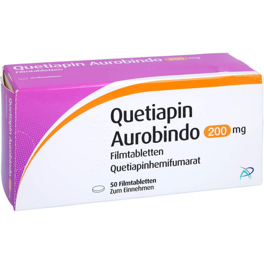 Das Produktfoto zeigt Quetiapin Aurobindo 200 Mg Filmtabletten (50 stk) PZN 01341068