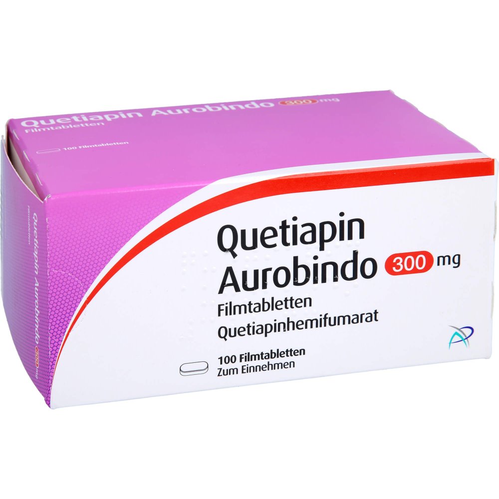 Das Produktfoto zeigt Quetiapin Aurobindo 300 Mg Filmtabletten (100 stk) PZN 01341140