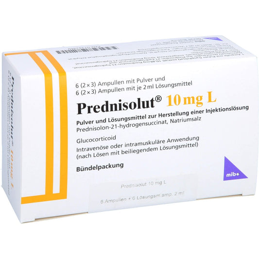 Das Produktfoto zeigt Prednisolut 10 Mg L Plv.U.Lsm.Z.H.E.Injektionslsg. (6 stk) PZN 01343469
