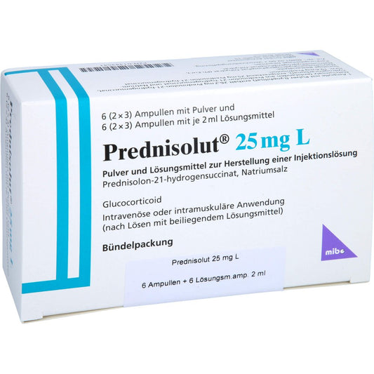 Das Produktfoto zeigt Prednisolut 25 Mg L Plv.U.Lsm.Z.H.E.Injektionslsg. (6 stk) PZN 01343541