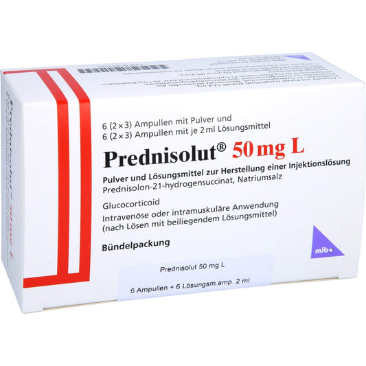 Das Produktfoto zeigt Prednisolut 50 Mg L Plv.U.Lsm.Z.H.E.Injektionslsg. (6 stk) PZN 01343587