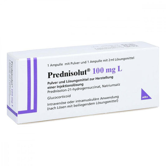 Das Produktfoto zeigt Prednisolut 100 Mg L Plv.U.Lsm.Z.Herst.E.Inj.-Lsg. (1 stk) PZN 01343593