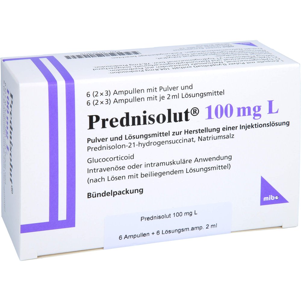 Das Produktfoto zeigt Prednisolut 100 Mg L Plv.U.Lsm.Z.Herst.E.Inj.-Lsg. (6 stk) PZN 01343618