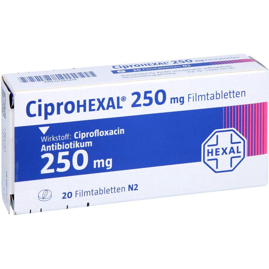 Das Produktfoto zeigt Ciprohexal 250 Mg Filmtabletten (20 stk) PZN 01345818