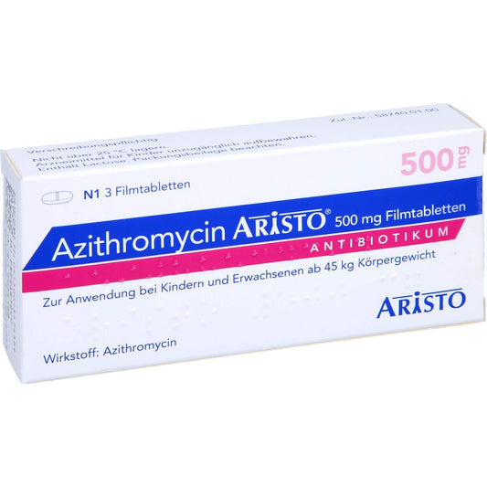 Das Produktfoto zeigt Azithromycin Aristo 500 Mg Filmtabletten (3 stk) PZN 01347438