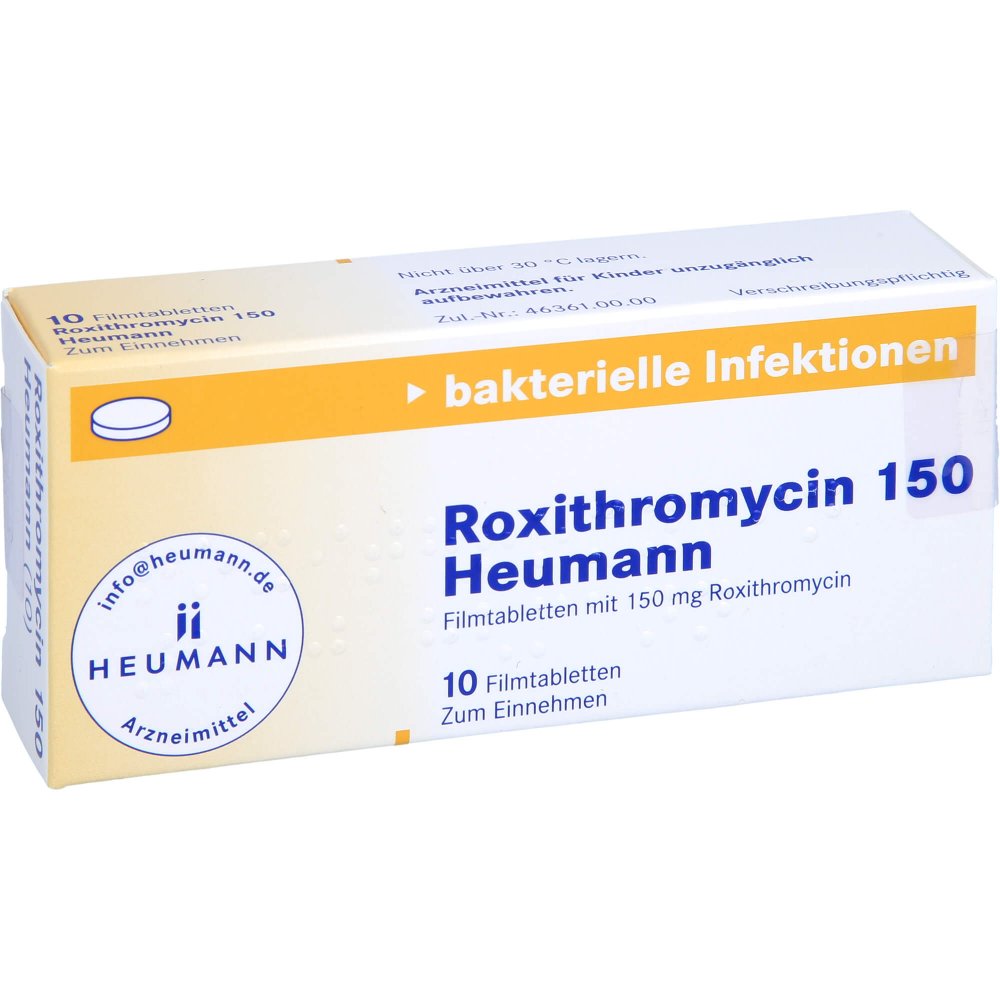 Das Produktfoto zeigt Roxithromycin 150 Heumann Filmtabletten (10 stk) PZN 01347881