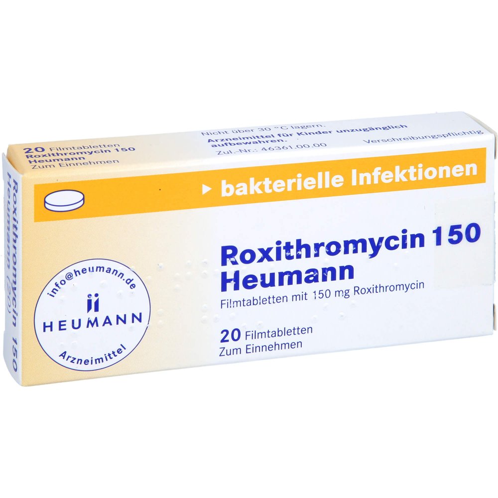 Das Produktfoto zeigt Roxithromycin 150 Heumann Filmtabletten (20 stk) PZN 01347898