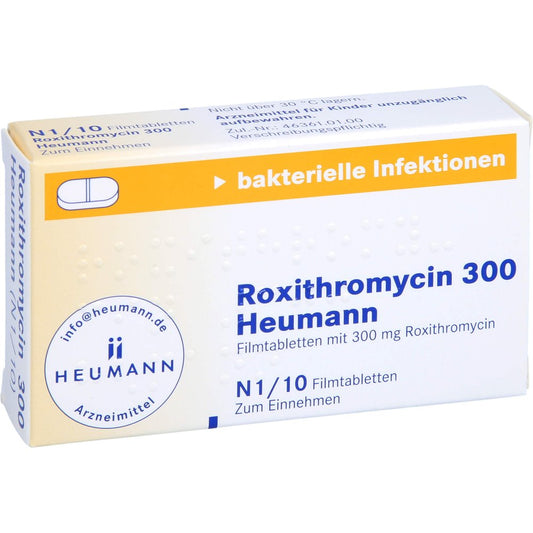 Das Produktfoto zeigt Roxithromycin 300 Heumann Filmtabletten (10 stk) PZN 01347964