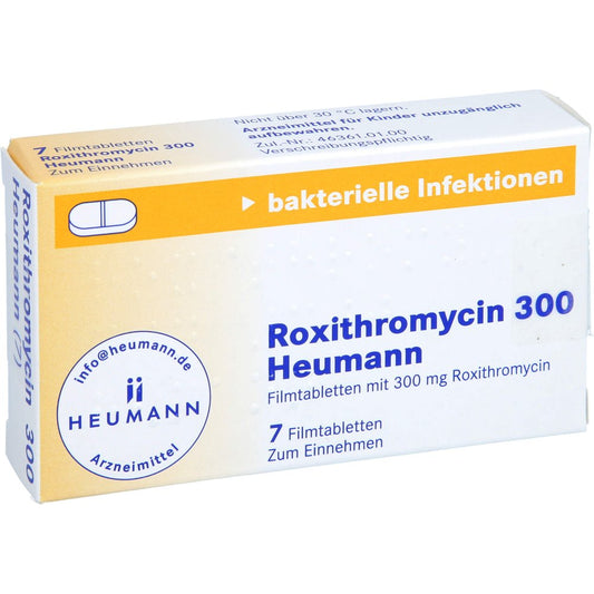 Das Produktfoto zeigt Roxithromycin 300 Heumann Filmtabletten (7 stk) PZN 01347970