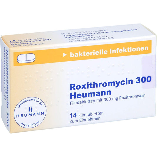 Das Produktfoto zeigt Roxithromycin 300 Heumann Filmtabletten (14 stk) PZN 01347993