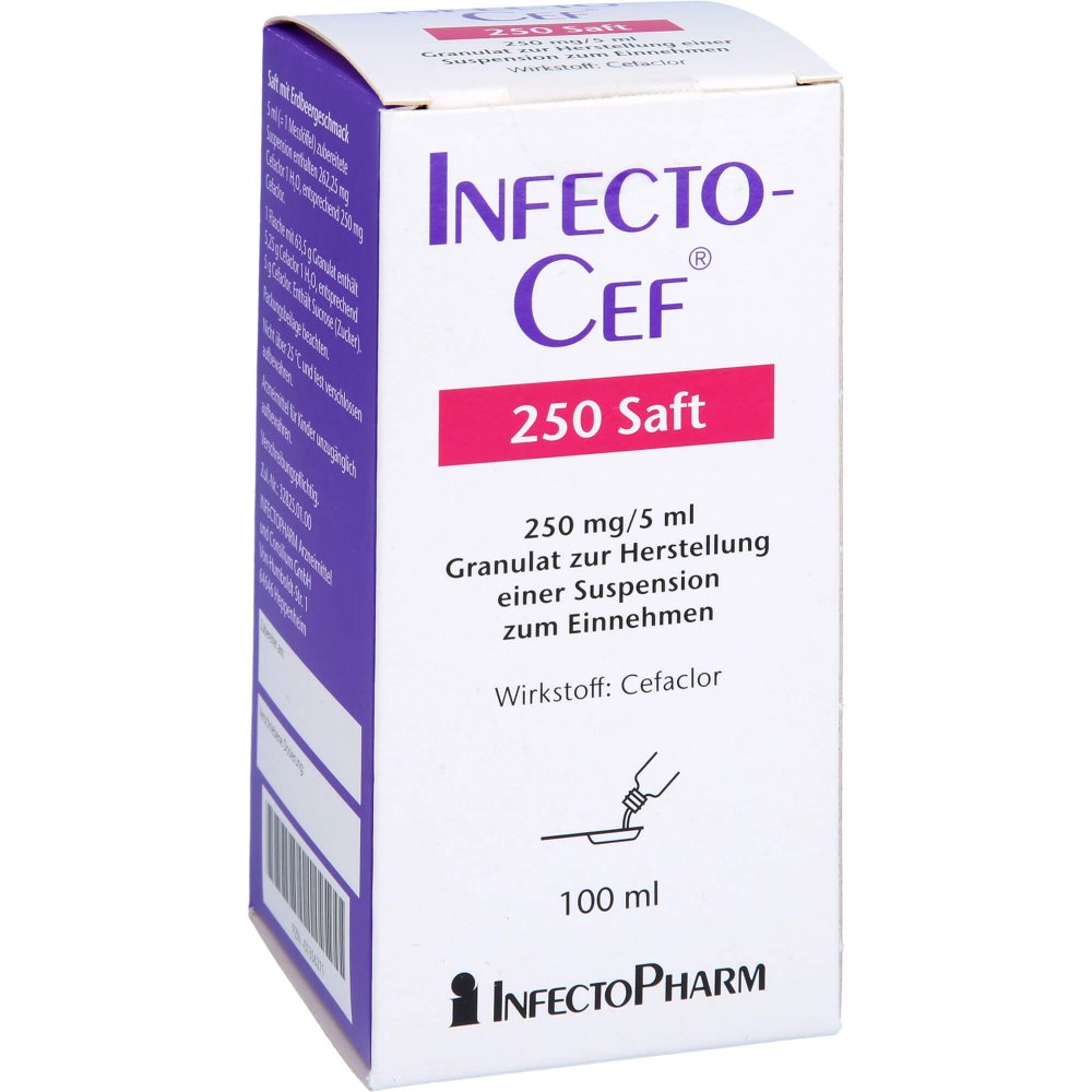 Das Produktfoto zeigt Infectocef 250 Saft Gran.Z.Herstell.E.Susp.Z.Einn. (100 ml) PZN 01356271