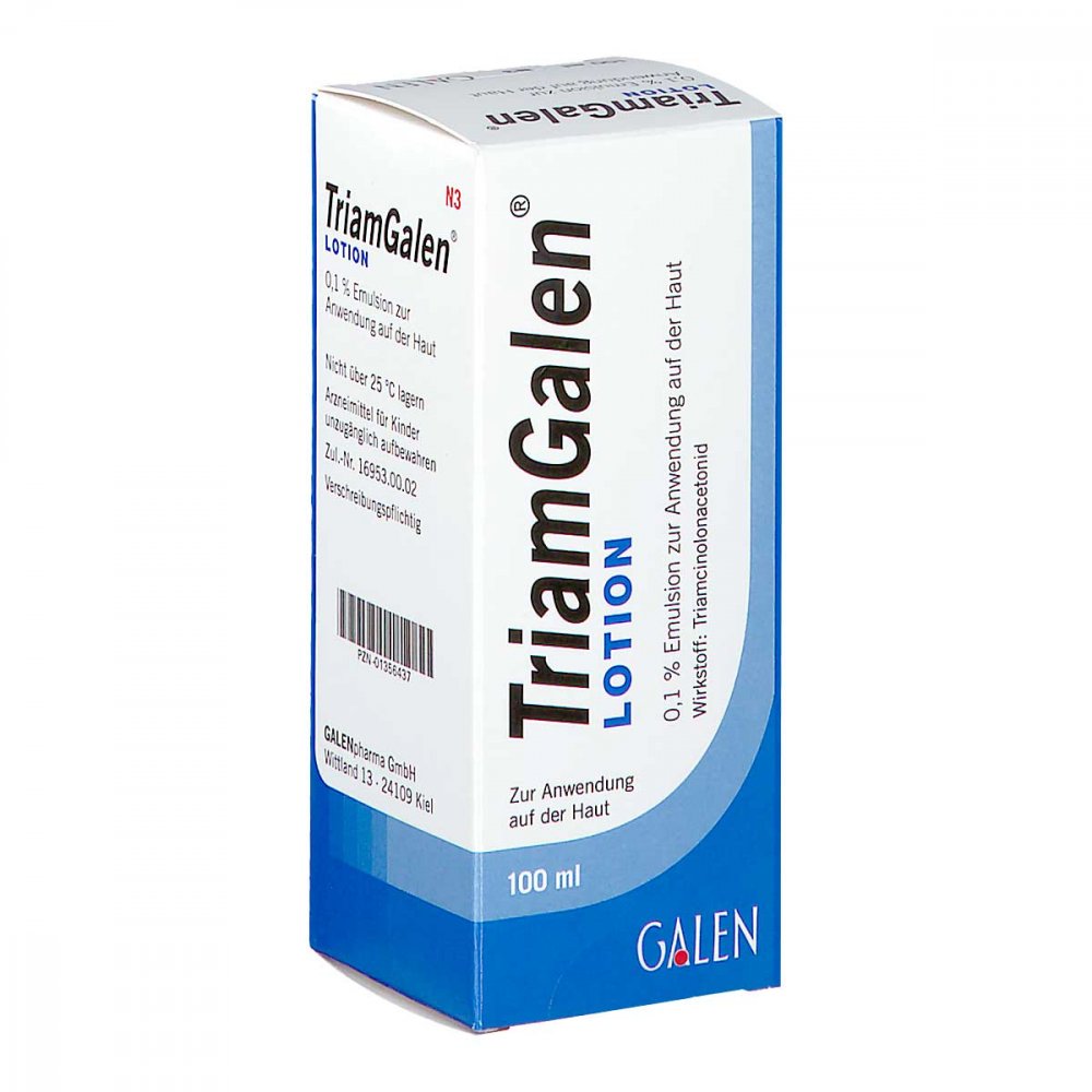 Das Produktfoto zeigt Triamgalen Lotion 0,1% Emulsion Z.Anw.Auf D.Haut (100 ml) PZN 01356437