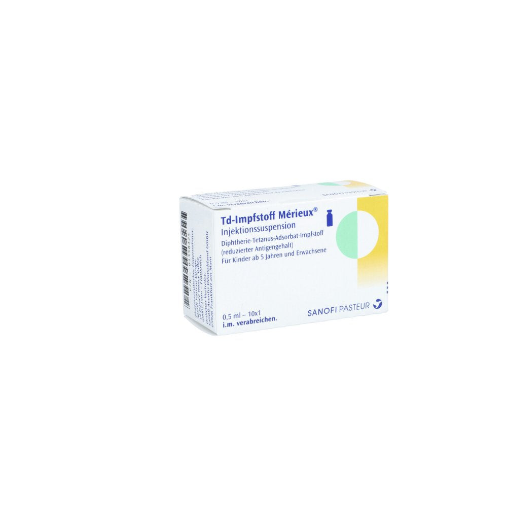 Das Produktfoto zeigt Td-Impfstoff Merieux Injektionssuspension (10X1 stk) PZN 01358324